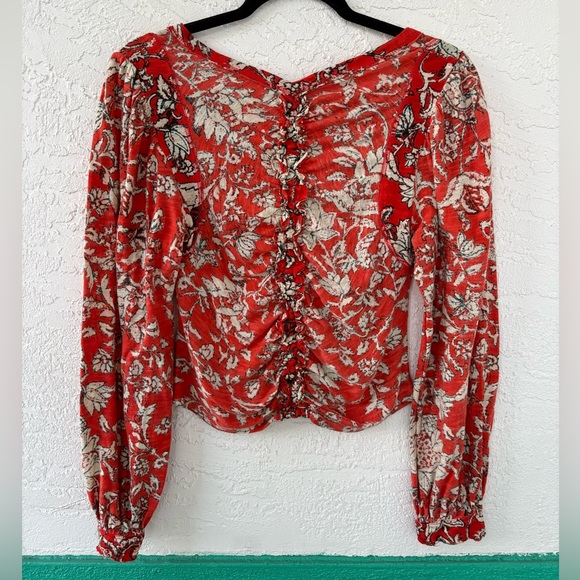 Free People Say The Word Floral Print Ruby Red Ruched Long Sleeve Top Small - Picture 3 of 10